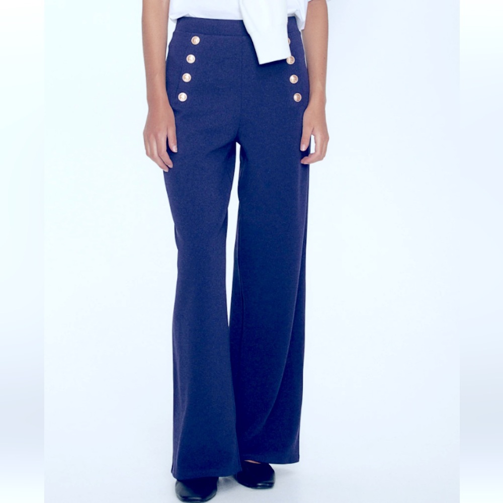 NEW H&M Navy Blue SAILOR PANTS polyester Flared wide leg 8 GOLD Buttons Front L